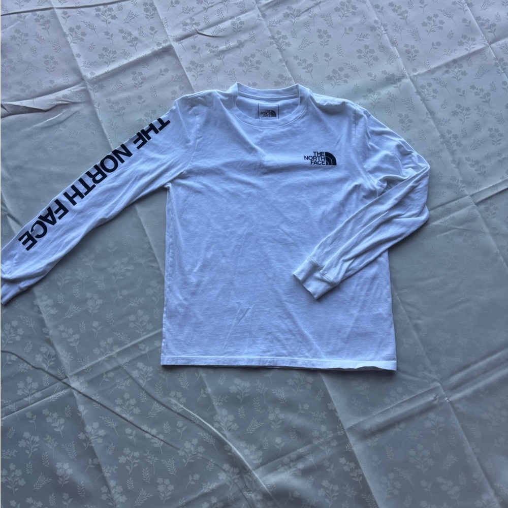 The North Face White Long Sleeve Logo Shirt with Black Sleeve Text